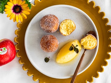 Fried ricotta dumplings with organic Topaz apple sorbet